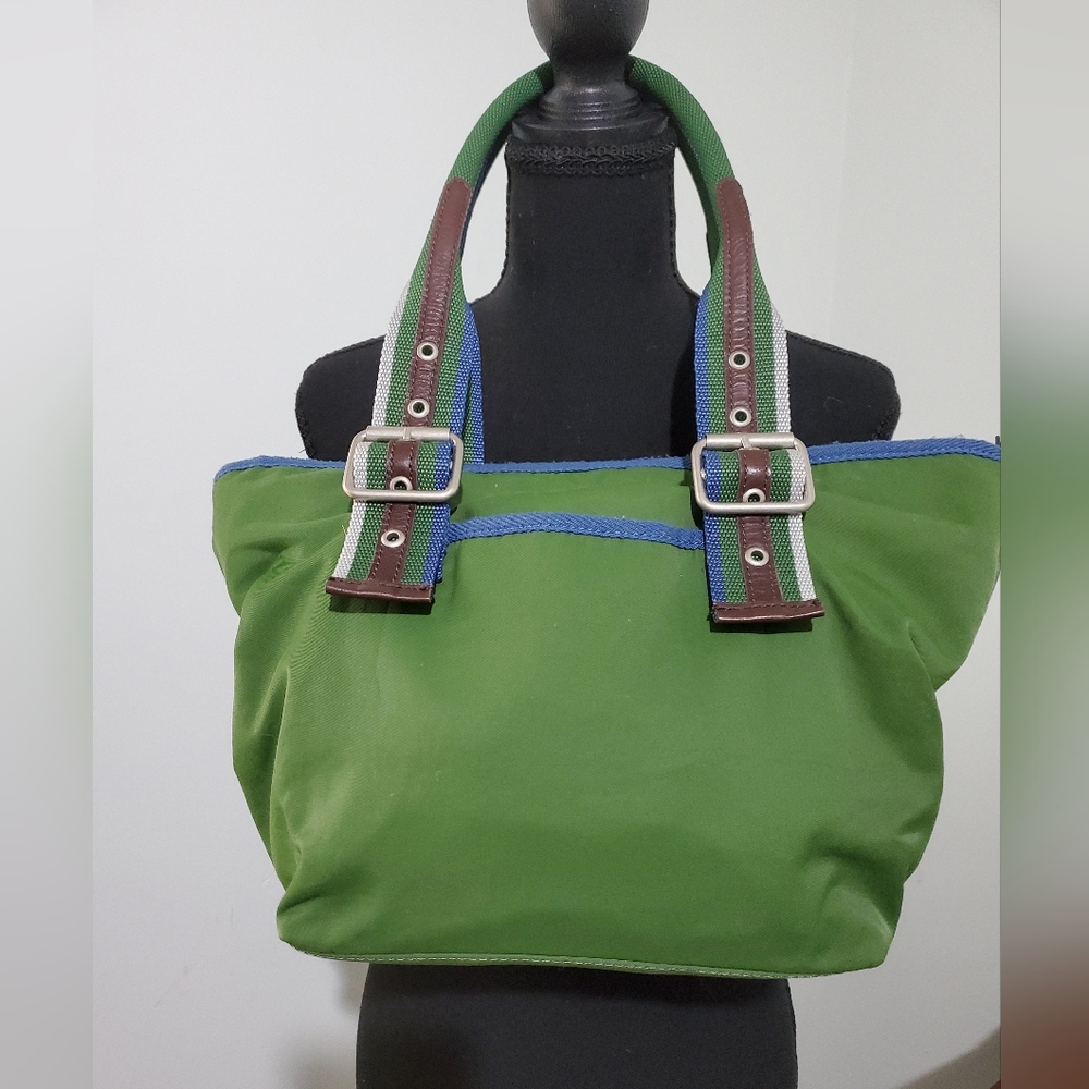 American Eagle Outfitters Green Nylon Purse Handbag Striped Handles Logo Lining